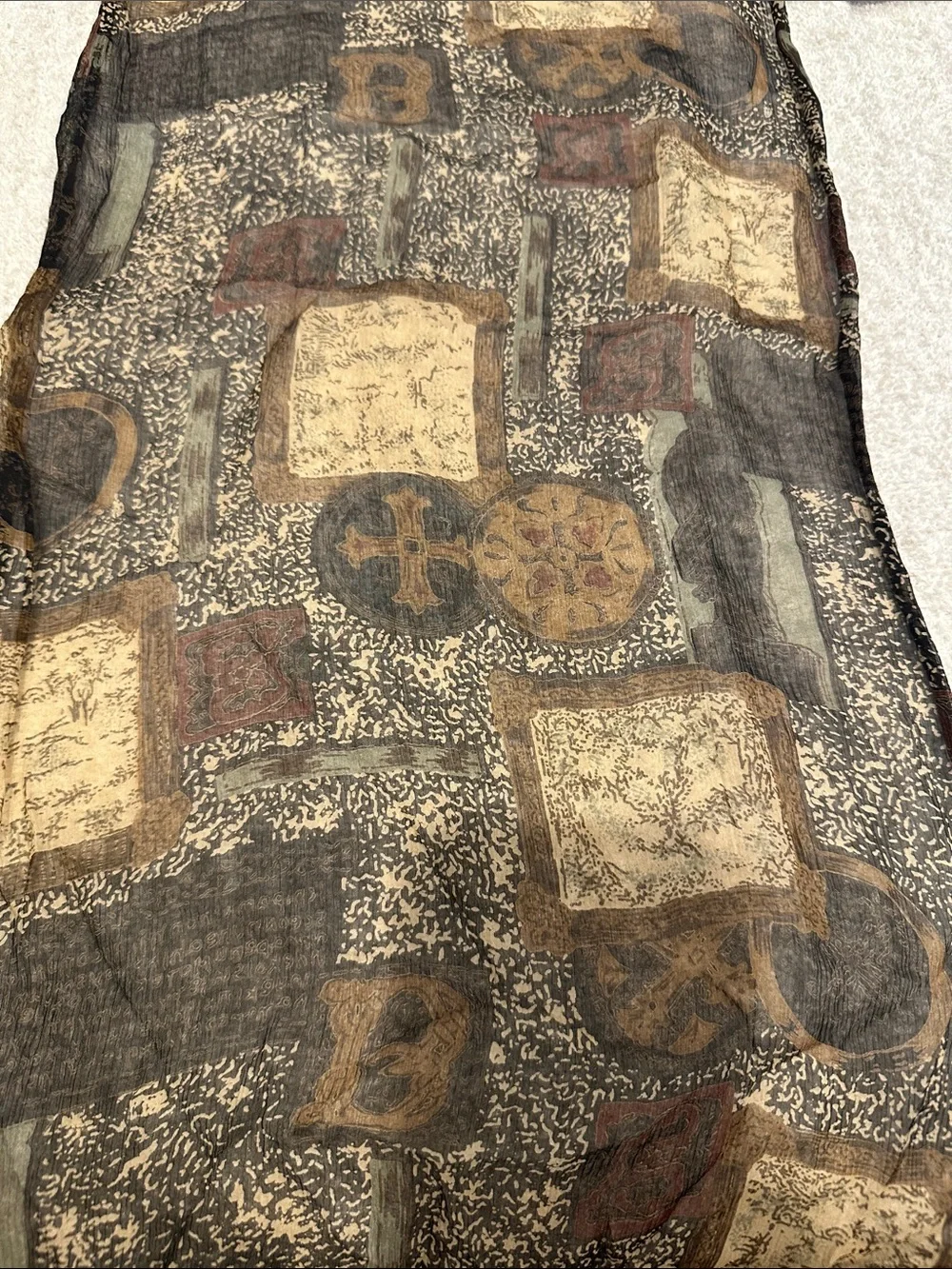 100% silk Sheer Patchwork Print Scarf in Black, Brown & Tan